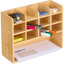 Desk Organiser, Bamboo, 13 Compartments, 21 x 27 x 10 cm, Storage for Pens & Letters, Office Tidy, Natural - Relaxdays