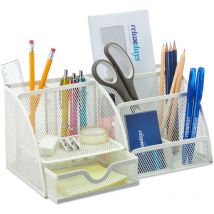 Organizador Escritorio Malla Metálica, Portalápices Oficina con Compartimentos y Cajón, 13 x 28 x 14cm, Blanco - Relaxdays