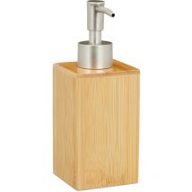 Dispensador Jabón, 200 ml, Dosificador Champú y Gel, Botella Rellenable, Baño, Cocina, Bambú, Natural/Plateado - Relaxdays