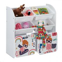 Relaxdays - Meuble à jouets avec 6 boîtes, 80,5 x 82,5 x 30 cm, thème de 'petite héroïne', 2 caisses sur roulettes, blanc