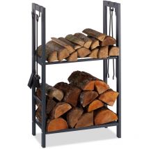 Relaxdays - Etagère Cheminée 100x60x30 cm étagère à bûches 2 niveaux bois porte-bûches range buche 4 crochets, anthracite