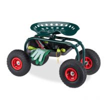 Fahrbarer Gartensitz, höhenverstellbar, 150 kg, Stauraum, Rollsitz für Gartenarbeit, Stahl, Luftreifen, grün - Relaxdays