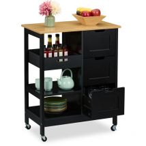 Küchenwagen, Arbeitsplatte, 3 Schubladen, 3 Fächer, hbt 85x68,5x38,5 cm, Kücheninsel auf Rollen, schwarz/natur - Relaxdays
