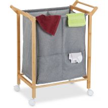 Relaxdays Laundry Basket, on Wheels, 2 Sections. 2 Side Pockets, Vol. 80l, Bamboo & Fabric, 76 x 65 x 35cm, Natural/Grey