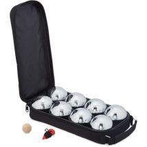 Relaxdays - Lot de 8 boules de pétanque métalliques, avec cochonnet et mètre, sacoche, jeu en extérieur, argenté et noir