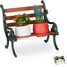 Mini Flower Bench, Wood & Cast Iron, Flower Holder for 2 Pots, Garden Decoration, Brown/Grey-Green - Relaxdays