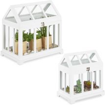 Mini serre intérieur, lot de 2, pour le rebord de fenêtre, en verre et mdf, herbes, fleurs, 2 tailles, blanc - Relaxdays