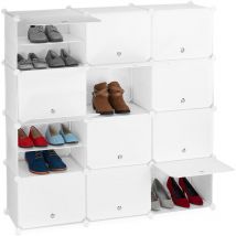 Mueble Zapatero Modular, Armario Organizador Zapatos con Puertas, Estantería Cubo 12 Cajones, Plástico, Blanco - Relaxdays