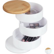 Organiseur de maquillage, rond, cosmétiques et bijoux, 3 niveaux rotatifs, bambou, plastique, boîte, blanc - Relaxdays