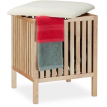 Panier à linge avec siège, Tabouret de salle de bain, rangement, 40l, bois/tissu, 51x41x41 cm, naturel/blanc - Relaxdays