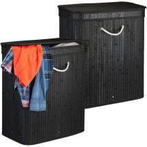 Panier à linge couvercle, lot de 2, corbeille rectangulaire 2 compartiments, avec couvercle, pliable, 95 l, noir