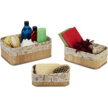 Panier de rangement bambou et tissu, lot 3, corbeille salle de bain, trois tailles différentes, nature-beige - Relaxdays
