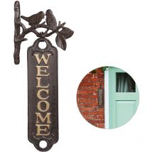 Relaxdays - Panneau de bienvenue, oiseaux, Design antique, Plaque de bienvenue pour le mur, fonte, 39,5 cm, marron/doré