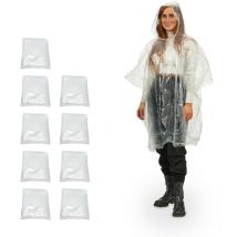 Poncho Antipioggia, Set da 10, Cappuccio, Mantellina Impermeabile per Adulti, Monouso, unisex, pe, Trasparente - Relaxdays
