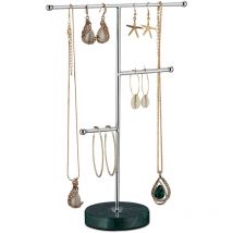 Relaxdays - Porte-bijoux, pied en marbre, rangement pour colliers, boucles d'oreilles & bracelets, 3 barres, vert/argent