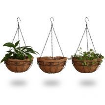 Lot de 3 suspension pour plantes, coco, 33 litres, avec chaîne, pot de 35 cm de diamètre, marron - Relaxdays