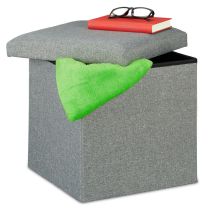 Pouf de rangement, pliable, rembourrage moelleux, carré, tissu, tabouret 37x37,5x37,5 cm, gris - Relaxdays