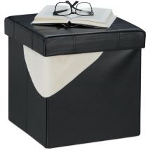 Pouf de rangement, tabouret pliable, rembourré, similicuir, 40 litres, cube, HxLxP 38 x 37 x 37 cm, noir - Relaxdays