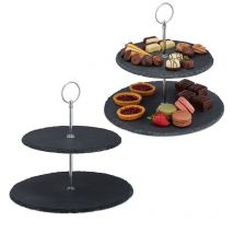 Relaxdays - Présentoir apéritif, lot de 2, 2 étages, ardoise, serviteur gâteau, poignée en métal, HxD 23 x 25 cm, anthracite/argent