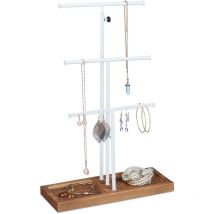 Relaxdays - Présentoir à bijoux, 3 barres, forme de t, colliers, boucles d'oreilles & bracelets, bois & métal, blanc/brun