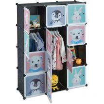 Scaffale Componibile da Cameretta, 8 Scomparti, Disegni di Animali, con Asta Appendiabiti, 145x109x37 cm, Nero - Relaxdays