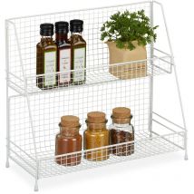 Metal Spice Rack, 2 Tiers, Standing Jar Holder, for Herbs, Kitchen Organiser, HxWxD: 35 x 39.5 x 16 cm, White - Relaxdays
