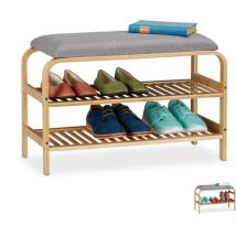 Relaxdays - Bamboo Shoe Bench, 6 Pairs of Footwear, Hallway, Bathroom, 2 Levels, Wardrobe Bank HxWxD: 46x69x30 cm, Natural