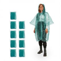 Ponchos imperméables jetables, Lot de 10, ciré avec capuche, contre la pluie, randonnée, unisexe, vert - Relaxdays