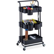 Relaxdays Storage Trolley, 3 Shelves, All-Purpose, Rolling Shelf H x W x D approx. 86 x 38 x 39 cm, Metal, Black