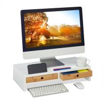 Relaxdays - Support d'écran , 2 tiroirs, réhausseur d'écran d'ordinateur, laptop, HxLxP : 12x56x27 cm, mdf, bambou, blanc