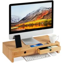 Relaxdays - Supporto per Monitor, in Bambù, Rialzo per pc con 2 Tiretti & Scomparti, hlp 12x56x27cm, Color Legno Naturale