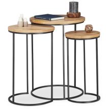 Relaxdays - Table basse lot de 3, Tables d'appoint rondes, Table de chevet 3 tailles, En métal et bois de manguier, nature
