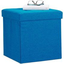 Tabouret pliant en lin pouf de rangement pliable repose-pieds de stockage carré 38 x 38 x 38 cm, bleu - Relaxdays