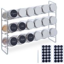 Tagère à épices avec 18 pots en verre, 36 étiquettes, conservation épices, HxLxP : 22 x 29 x 9,5 cm, argenté - Relaxdays