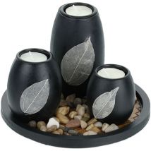 Relaxdays - Tea Light Holder, Set with Tray & Stones, 19.5 cm Long, for Living & Dining Room, Candle Holder, Black/Brown