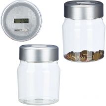 Relaxdays - Tirelire compteur, lot 2, compteuse de pièces avec affichage, numérique, euro, cadeau, 1,2 l, transparent