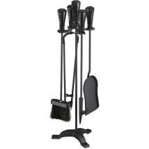 Ustensile de cheminée 5 pièces, tisonnier, pelle à cendres, balai, pince et support en acier, noir - Relaxdays