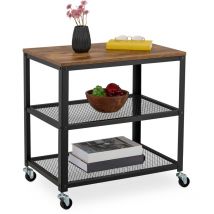 Utility Cart, 3 Shelves, Industrial Design, hwd: 61 x 60 x 40 cm, Trolley on Wheels, Steel & mdf, Black/Brown - Relaxdays