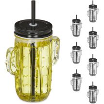 Relaxdays - Verres avec paille et couvercle, lot de 8 pots à limonade, bocal cactus, 500 ml, restaurant, transparent