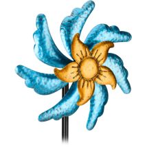 Windrad für den Garten, Blumenstecker mit Erdspieß, hbt: 120 x 30 x 12,5 cm, Eisen, Windspiel, blau/ gold - Relaxdays