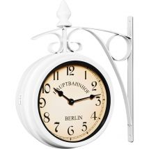 Deuba - Monzana Reloj de Pared Estilo Retro Reloj de Cuarzo Vintage Doble Cara 2 Diales Soporte de Hierro Forjado Estilo Estación de Tren Blanco