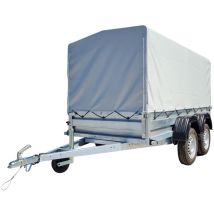 Monmobilierdesign – Remorque Double Essieu En Acier 265 Cm – Ridelles Avant/arrière Ouvrantes – Ptac 500 Kg – Châssis Galvanisé À Chaud – Bâche Haute 