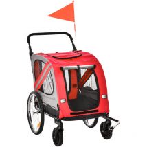 Remorque vélo jogger 2 en 1 pour animaux drapeau roue avant pivotante réflecteurs rouge gris