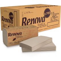 Renova - Asciugamani Zig-Zag Love&Action 15 confezioni da 180 pezzi 2.700 pezzi Carta Kraft ecologica a 2 strati Certificato fsc & Ecolabel