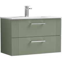 Balterley - Retro 2 Drawer Wall Hung Vanity Unit with Minimalist 1 Tap Hole Ceramic Basin - 800mm - Satin Green