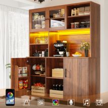 Retro-wohnzimmerschrank (120x40x185 Cm), Esszimmer- Und Küchenbuffet Mit Led-beleuchtung, Vitrine Mit Snacktablett-tür Und Schubladen