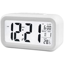 Réveil numérique intelligent avec bouton Snooze de date et de température sur le dessus, horloge de bureau rectangulaire à piles avec veilleuse pour