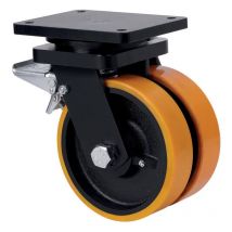 Rueda giratora placa freno 10hlgfd250-hub hierro-poliur.naranja(doble) bolas