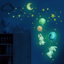 Fluoreszierende Wandaufkleber Für Kinder, Mond, Sterne, Hasen Und Luftballons, Im Dunkeln Leuchtende Sterne, Leuchtende Wand- Und Deckenaufkleber Für 