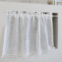 Lntyq Rideau de cuisine court pour petite fenêtre en lin et coton, texture transparente, uni, blanc, avec pompon, coupe-froid, rideaux à disque,